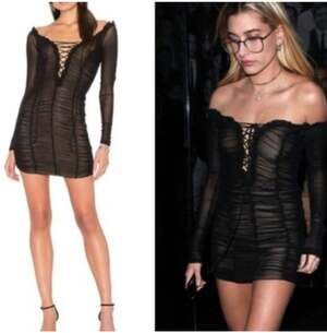 MAJORELLE Darling Ruched Lace-Up Mesh Mini Dress in Black